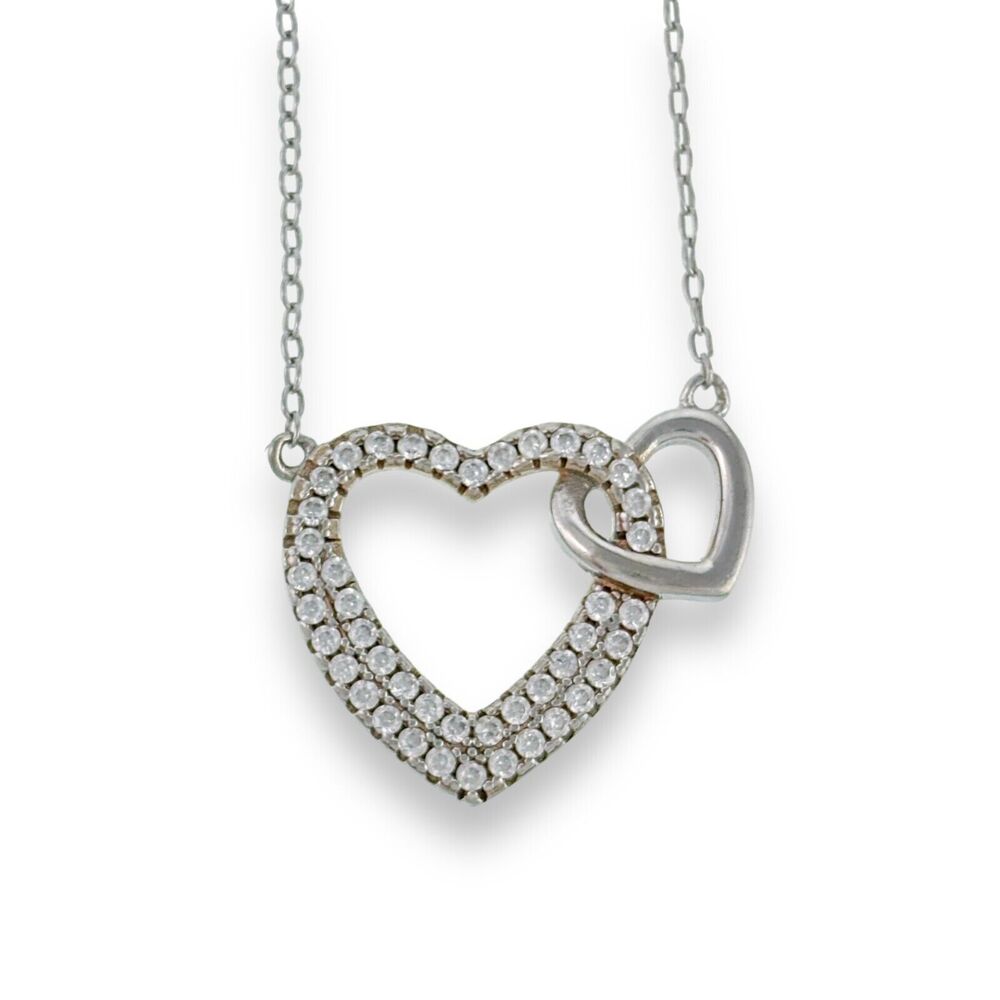 Vintage Sterling Silver 925 Double Heart Cubic Zirconia Necklace 16-18"